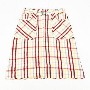 DKNY Madras Plaid Patterned Linen Skirt Front Pockets Size 2